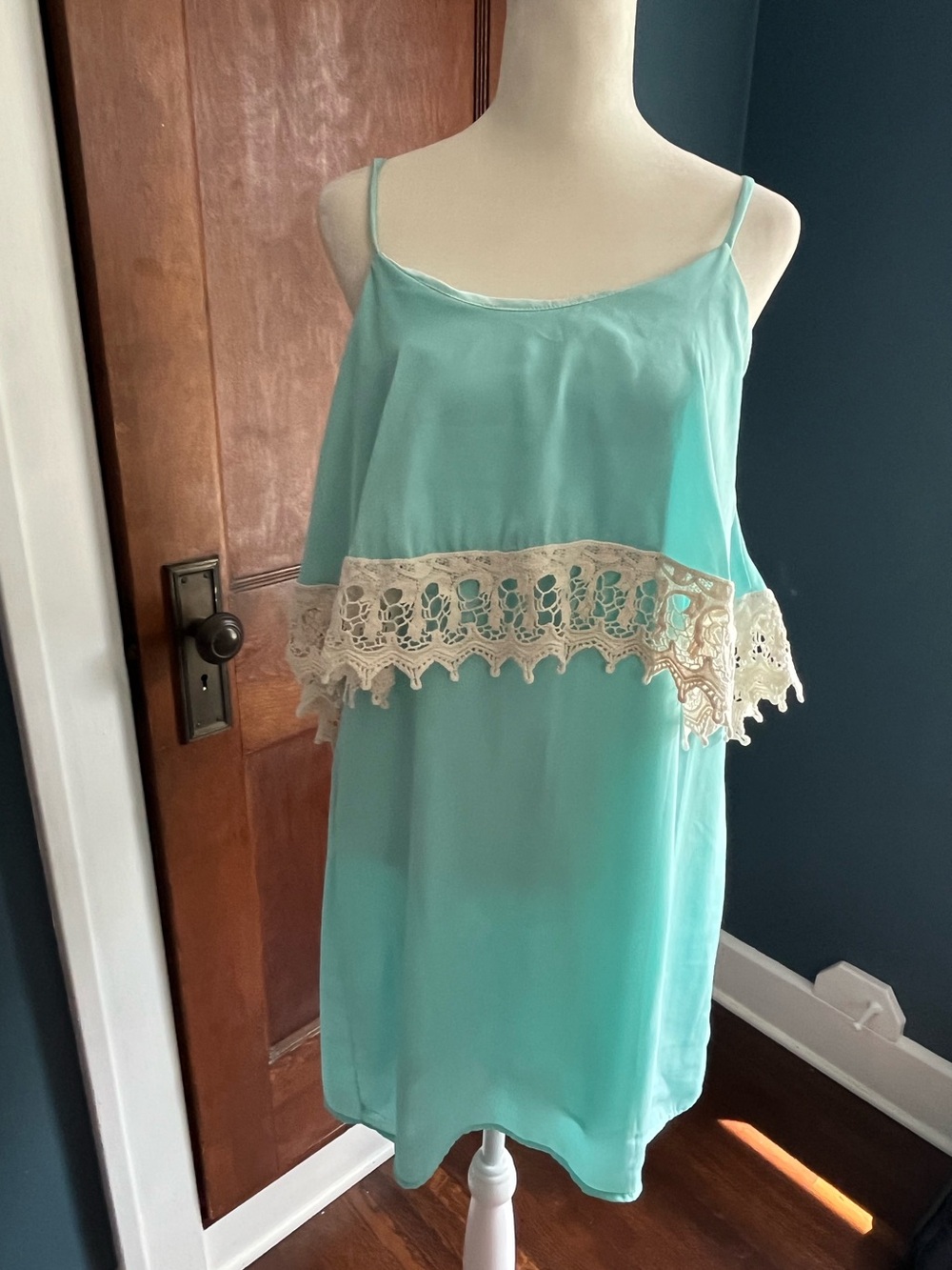 Peach Love California Mint Slip Dress with Cream Lace